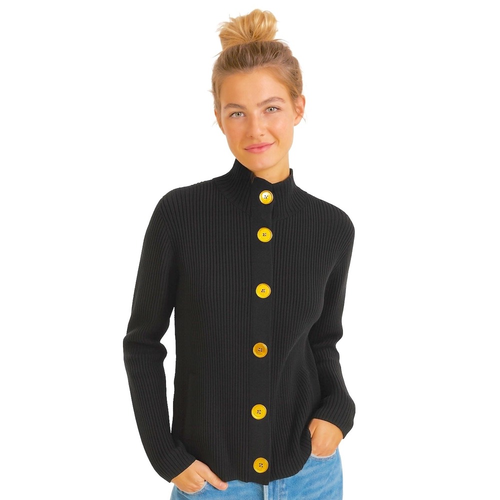 Charter Club Womens Cardigan M Black Office Preppy Gold Buttons Mock Neck Ribbed
